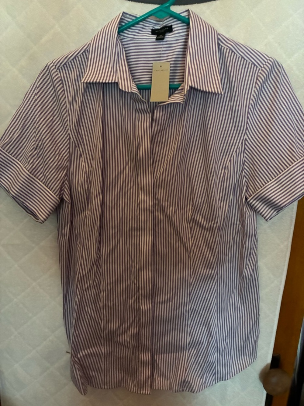 Ann Taylor Short-Sleeve Striped Dress Shirt - Purple/White